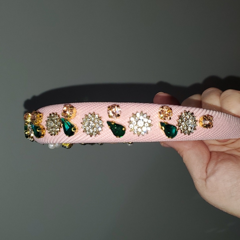 New handmade boutique luxury rhinestone floral fancy mid-wide flexible headband - Picture 3 of 8